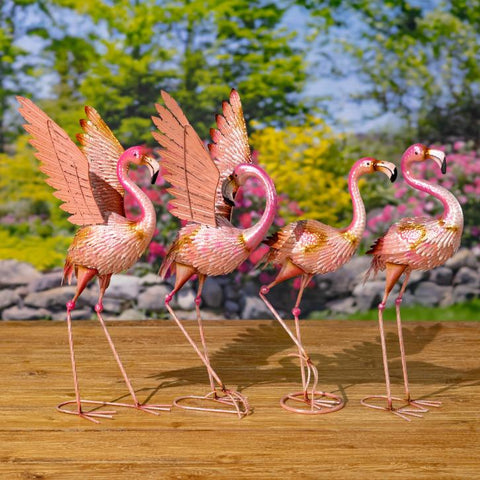 Set of 4 Assorted Elegant Metal Flamingo Garden Figurines "Florida Keys"