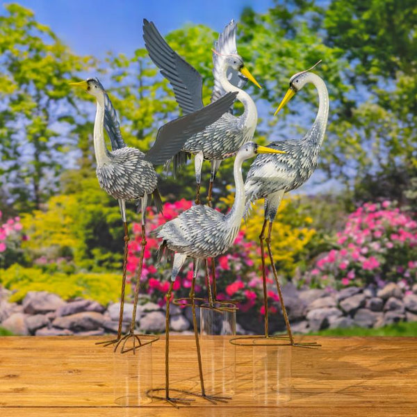 Set of 4 Assorted Great Blue Heron Metal Garden Figurines "Cuyahoga"