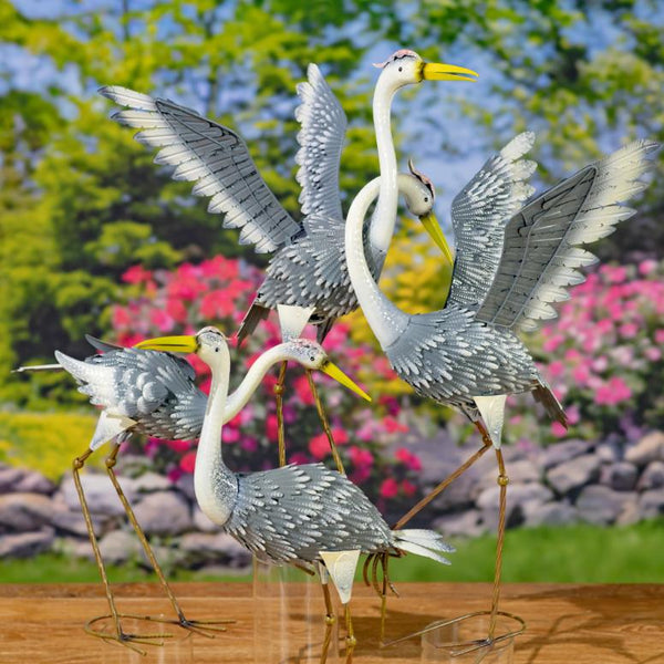 Set of 4 Assorted Great Blue Heron Metal Garden Figurines "Stony Island"