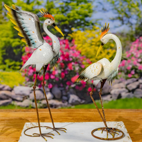 Set of 8 Assorted Tricolored Heron Metal Garden Figurines "Bell's Neck"