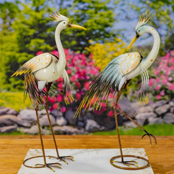 Set of 8 Assorted Tricolored Heron Metal Garden Figurines "Bell's Neck"