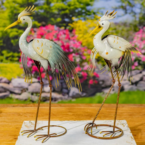 Set of 8 Assorted Tricolored Heron Metal Garden Figurines "Bell's Neck"