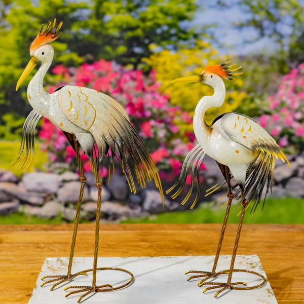 Set of 8 Assorted Tricolored Heron Metal Garden Figurines "Bell's Neck"