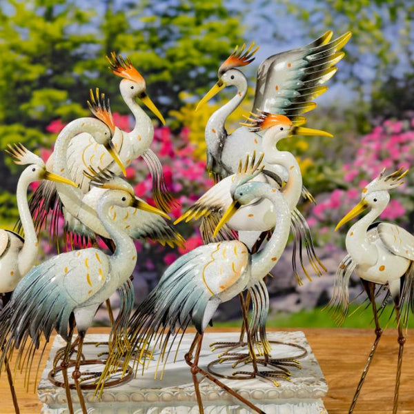 Set of 8 Assorted Tricolored Heron Metal Garden Figurines "Bell's Neck"