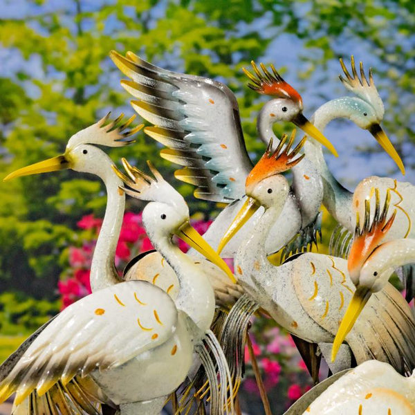 Set of 8 Assorted Tricolored Heron Metal Garden Figurines "Bell's Neck"
