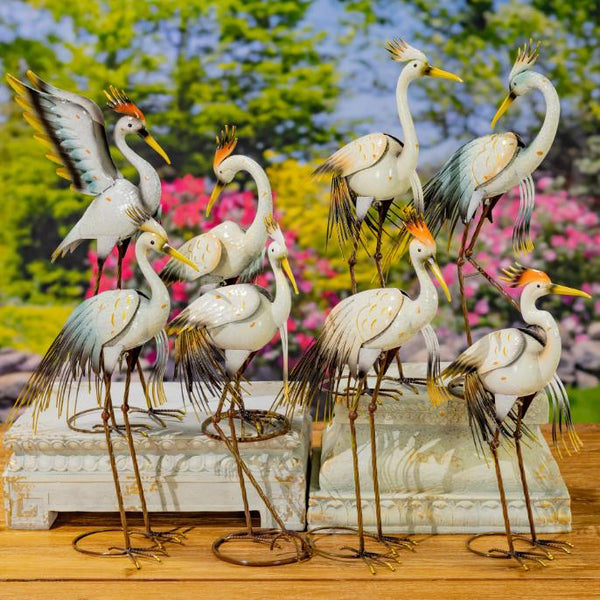 Set of 8 Assorted Tricolored Heron Metal Garden Figurines "Bell's Neck"