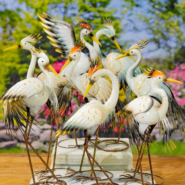 Set of 8 Assorted Tricolored Heron Metal Garden Figurines "Bell's Neck"