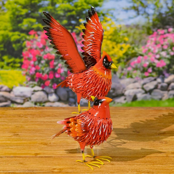 Set of 2 Red Cardinal Bird Metal Outdoor Figurines