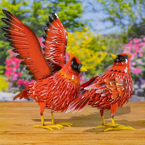 Set of 2 Red Cardinal Bird Metal Outdoor Figurines