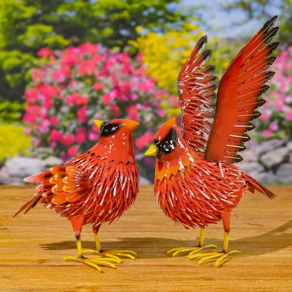 Set of 2 Red Cardinal Bird Metal Outdoor Figurines