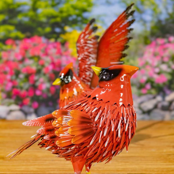 Set of 2 Red Cardinal Bird Metal Outdoor Figurines
