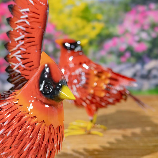 Set of 2 Red Cardinal Bird Metal Outdoor Figurines
