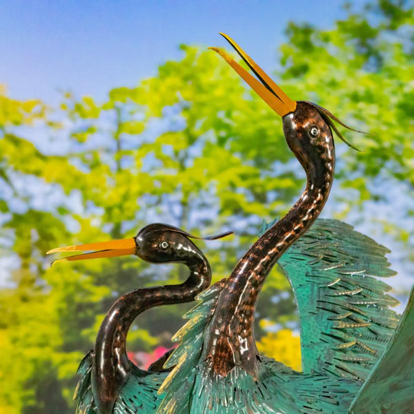 Set of 2 Hand-Painted Black & Teal Heron Garden Figurines