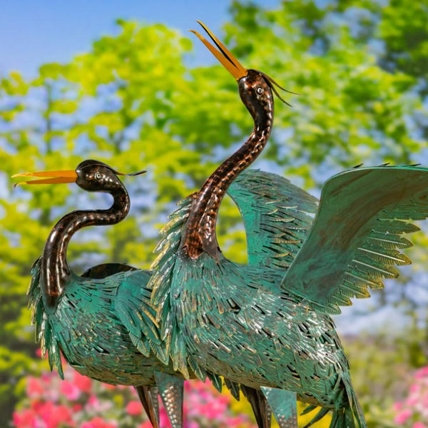 Set of 2 Hand-Painted Black & Teal Heron Garden Figurines