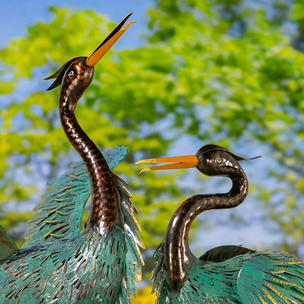 Set of 2 Hand-Painted Black & Teal Heron Garden Figurines