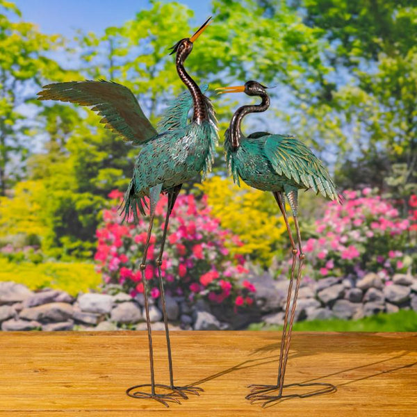 Set of 2 Hand-Painted Black & Teal Heron Garden Figurines