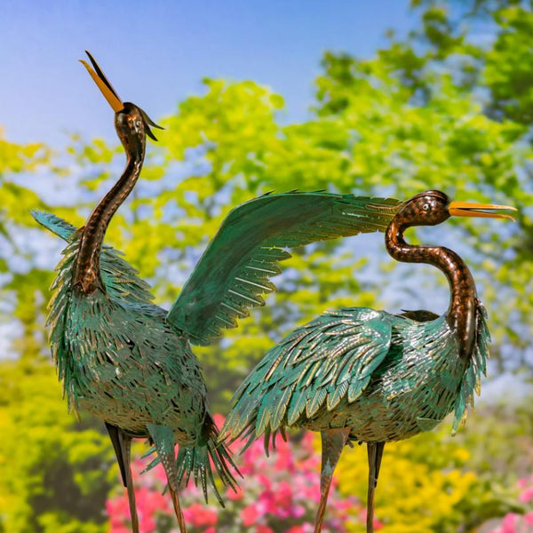 Set of 2 Hand-Painted Black & Teal Heron Garden Figurines