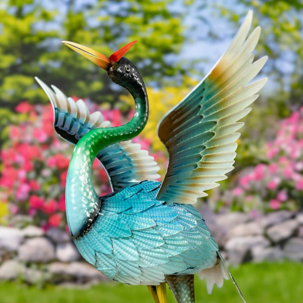 Set of 2 Blue Heron Birds Garden Figurines with Red Head Feathers