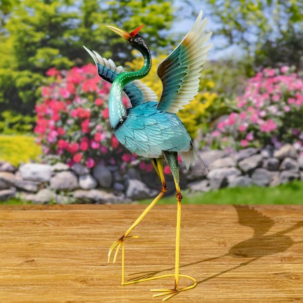 Set of 2 Blue Heron Birds Garden Figurines with Red Head Feathers