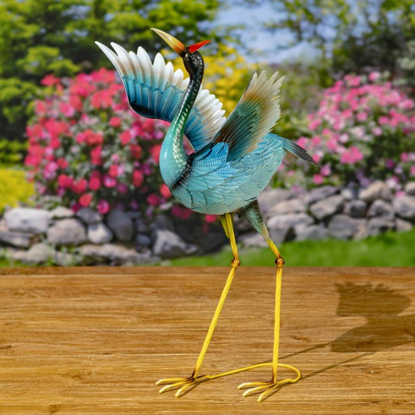 Set of 2 Blue Heron Birds Garden Figurines with Red Head Feathers