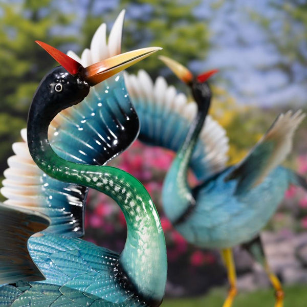 Set of 2 Blue Heron Birds Garden Figurines with Red Head Feathers