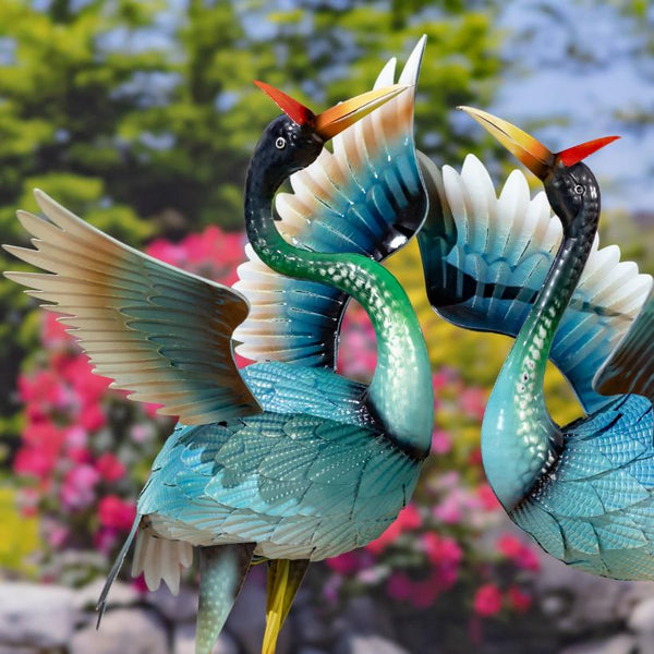 Set of 2 Blue Heron Birds Garden Figurines with Red Head Feathers