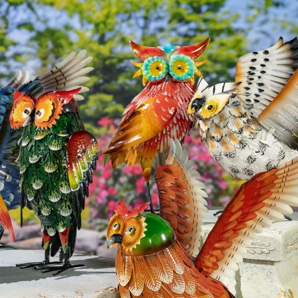 Set of 6 Colorful Hand-Painted Metal Owl Figurines Outdoor Decorations