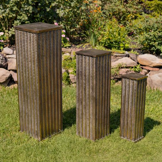 Set of 3 Gold Metal Decorative Pedestal Pillars Plant Stand Displays