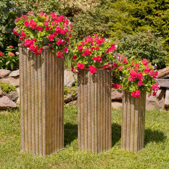 Set of 3 Gold Metal Decorative Pedestal Pillars Plant Stand Displays