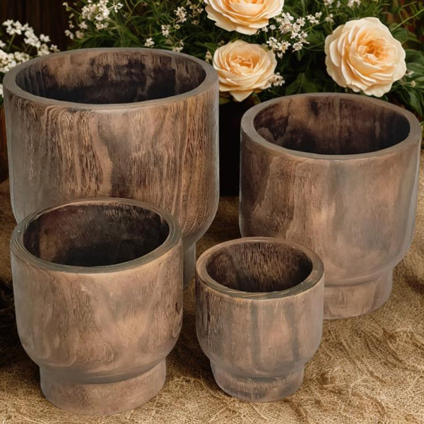 Set of 3 Assorted Round Wooden Planters Dark Brown "Paia"