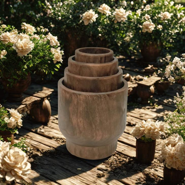 Set of 3 Assorted Round Wooden Planters Dark Brown "Paia"