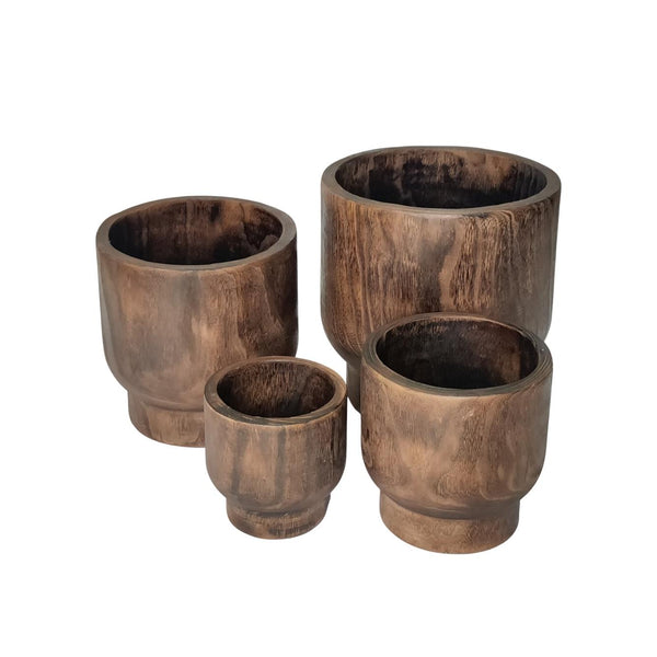 Set of 3 Assorted Round Wooden Planters Dark Brown "Paia"