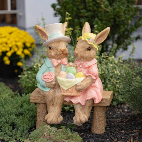 Fancy Rabbit Couple Sitting on Bench Magnesium Garden Statue