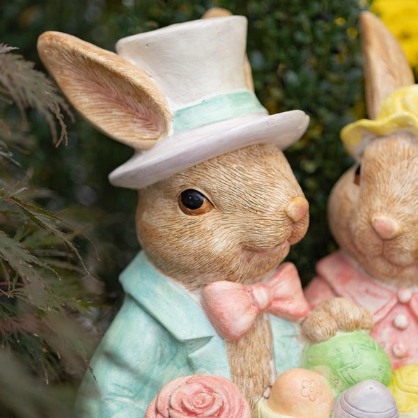 Fancy Rabbit Couple Sitting on Bench Magnesium Garden Statue