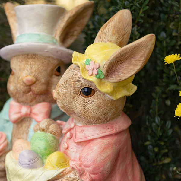 Fancy Rabbit Couple Sitting on Bench Magnesium Garden Statue
