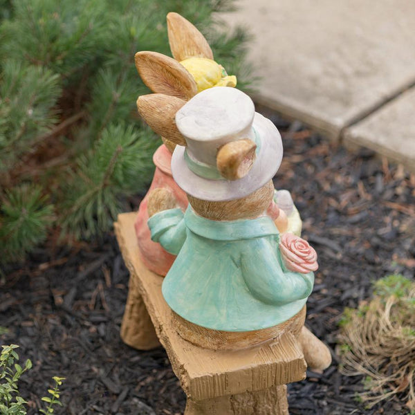Fancy Rabbit Couple Sitting on Bench Magnesium Garden Statue