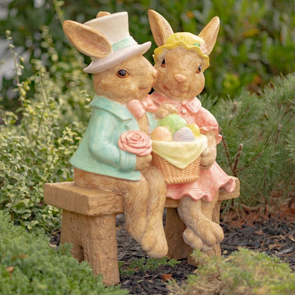 Fancy Rabbit Couple Sitting on Bench Magnesium Garden Statue