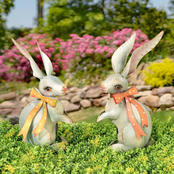 Set of 2 White Rabbit Metal Garden Figurines with Ribbons