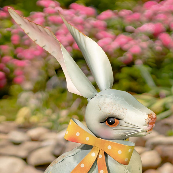 Set of 2 White Rabbit Metal Garden Figurines with Ribbons
