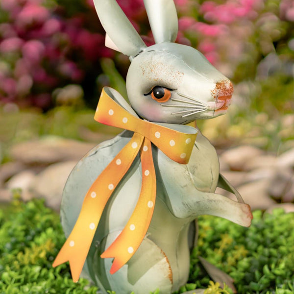 Set of 2 White Rabbit Metal Garden Figurines with Ribbons