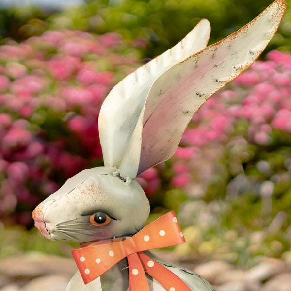 Set of 2 White Rabbit Metal Garden Figurines with Ribbons