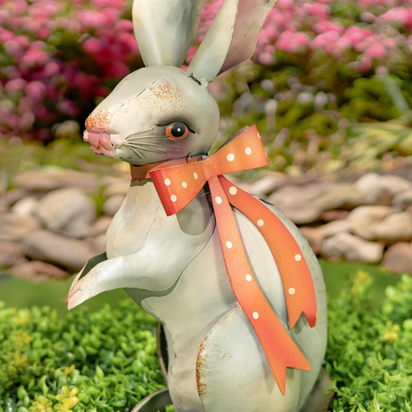 Set of 2 White Rabbit Metal Garden Figurines with Ribbons