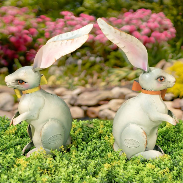 Set of 2 White Rabbit Metal Garden Figurines with Ribbons