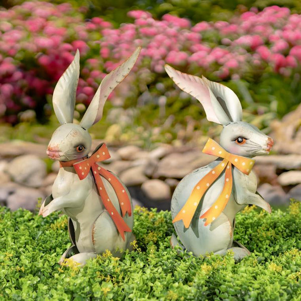 Set of 2 White Rabbit Metal Garden Figurines with Ribbons