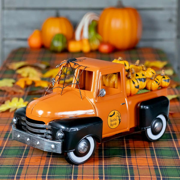 Haunted Hayride Halloween Truck with Spiderweb & Pumpkins 18" L