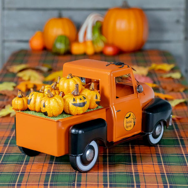 Haunted Hayride Halloween Truck with Spiderweb & Pumpkins 18" L