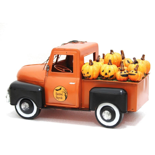 Haunted Hayride Halloween Truck with Spiderweb & Pumpkins 18" L