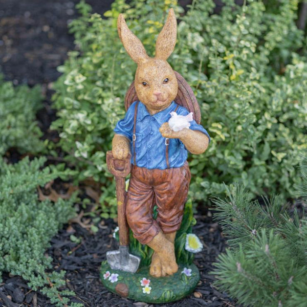 Rabbit Garden Statue with Shovel & Bird "Jack Rabbit" 25" Tall Metal