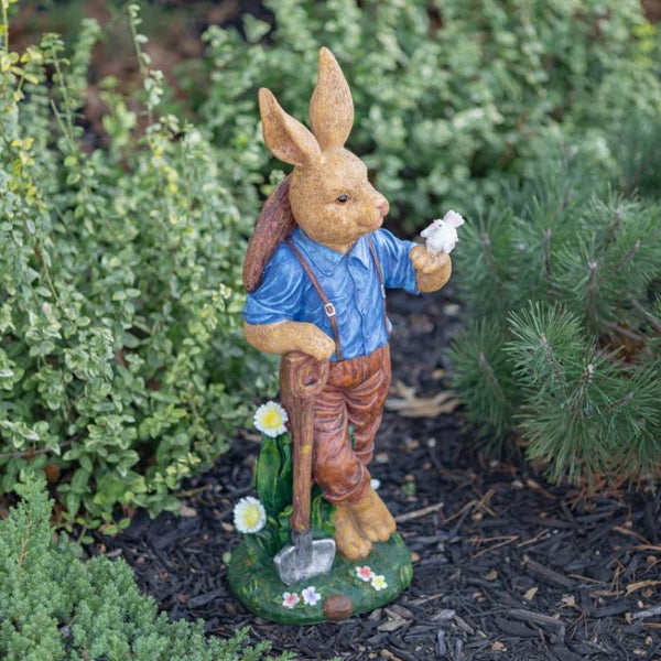 Rabbit Garden Statue with Shovel & Bird "Jack Rabbit" 25" Tall Metal