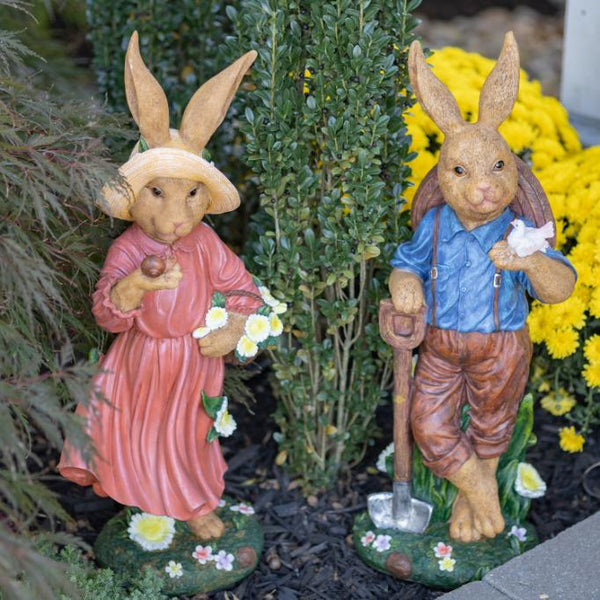 Rabbit Garden Statue with Shovel & Bird "Jack Rabbit" 25" Tall Metal